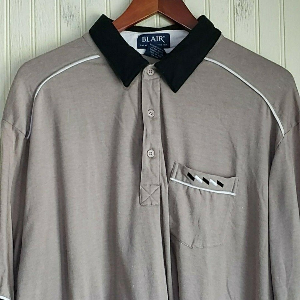 Blair Polo Shirt Mens Big 3XL Beige Black Collar Pocket Short Sleeve Knit Top
